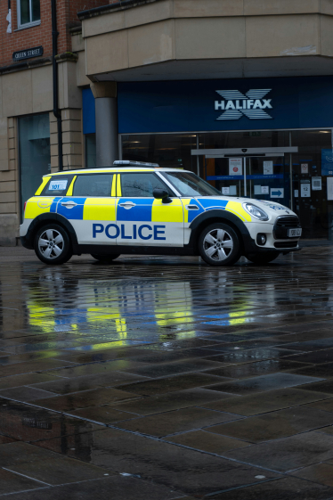 Police car outside a bank